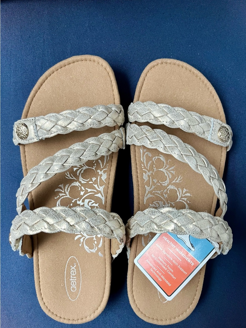 Aetrex Josie Braided Triple-Strap Adjustable Size 9 Champagne Women's Sandals